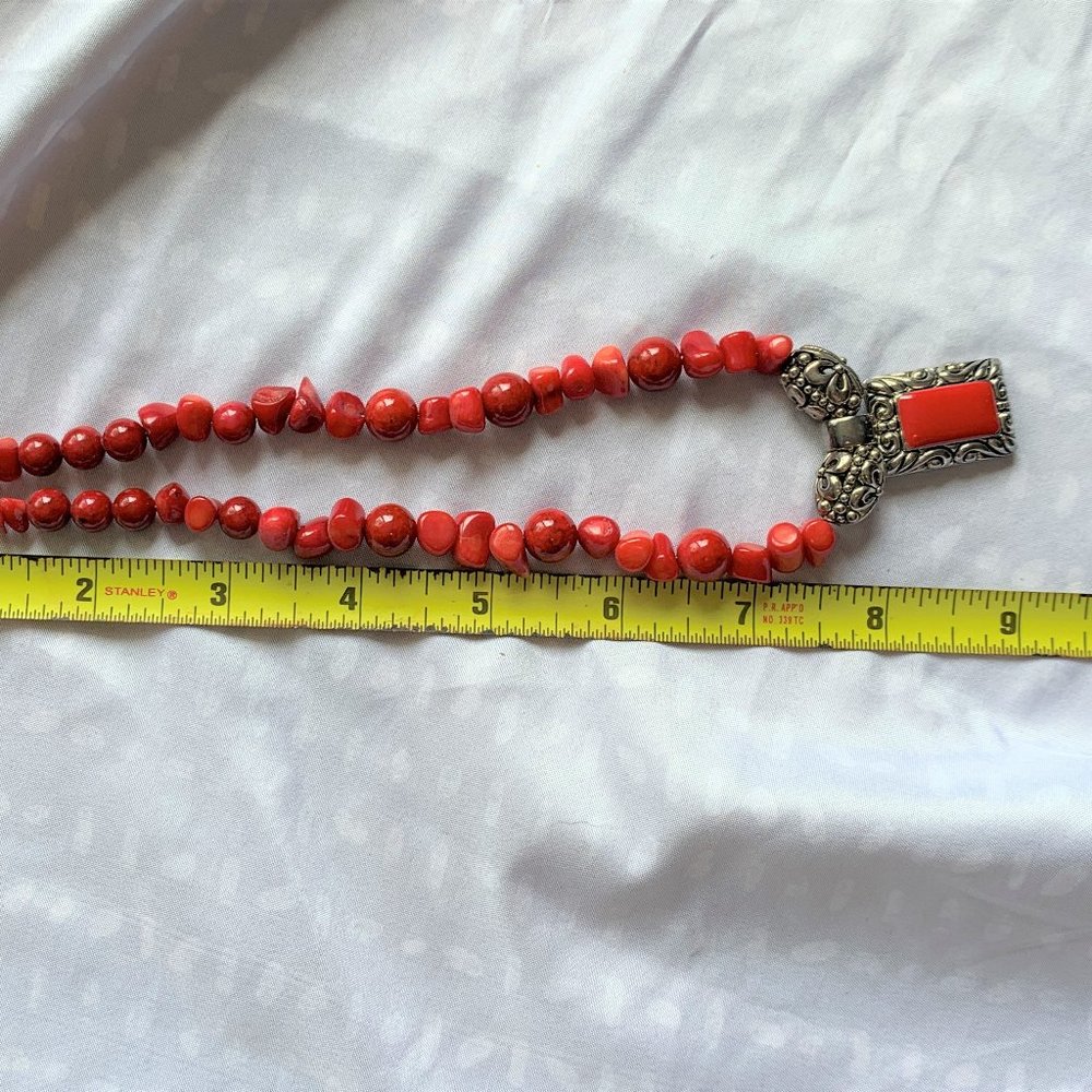 JEWELRY - 9" Apple red coral bead necklace earrings set silver pendant, western - Picture 8 of 8